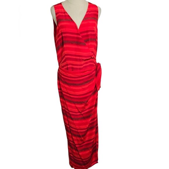 Spenser Jeremy Silk Red Striped Wrap Sarong Dress Plus Size - Picture 1 of 8